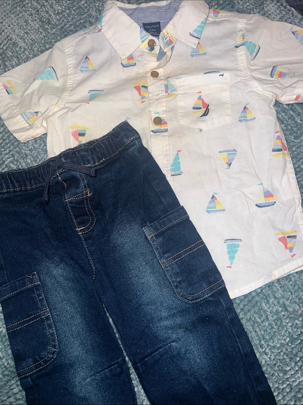 Nautica White Short-Sleeve Button-Up Shirt with Sailboats and Dark Wash Joggers